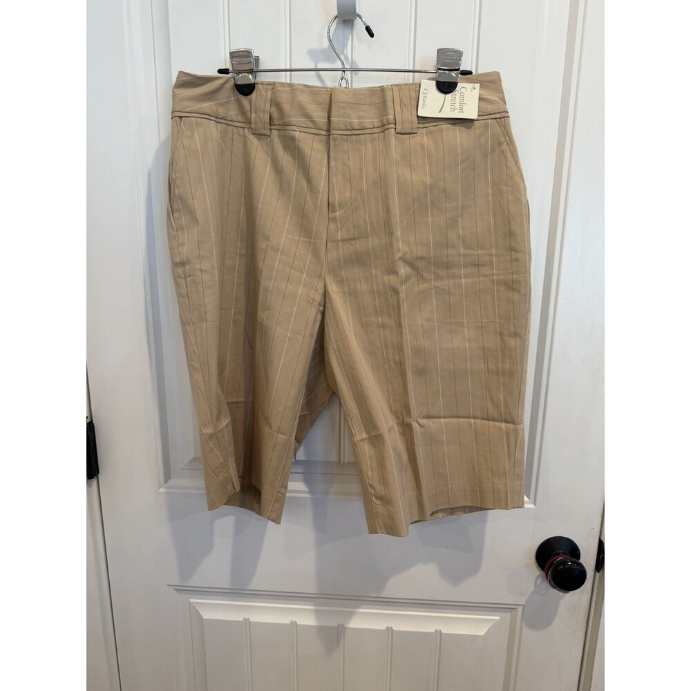CJ Banks Womens 14W NWT Khaki Pinstripe Bermuda Shorts Comfort Stretch Cotton